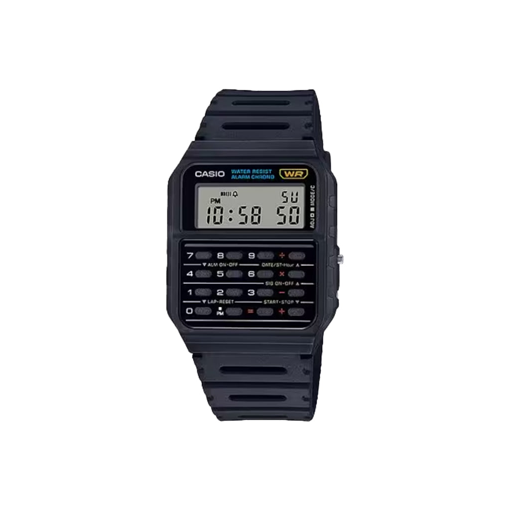 Black Casio digital watch with calculator functions on a white background