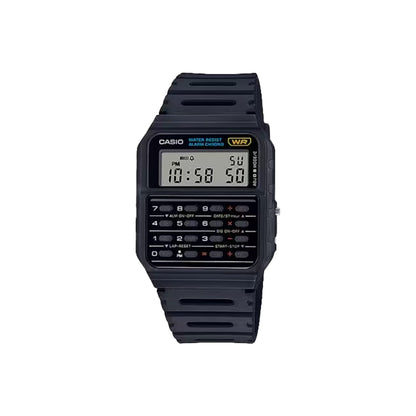 Black Casio digital watch with calculator functions on a white background