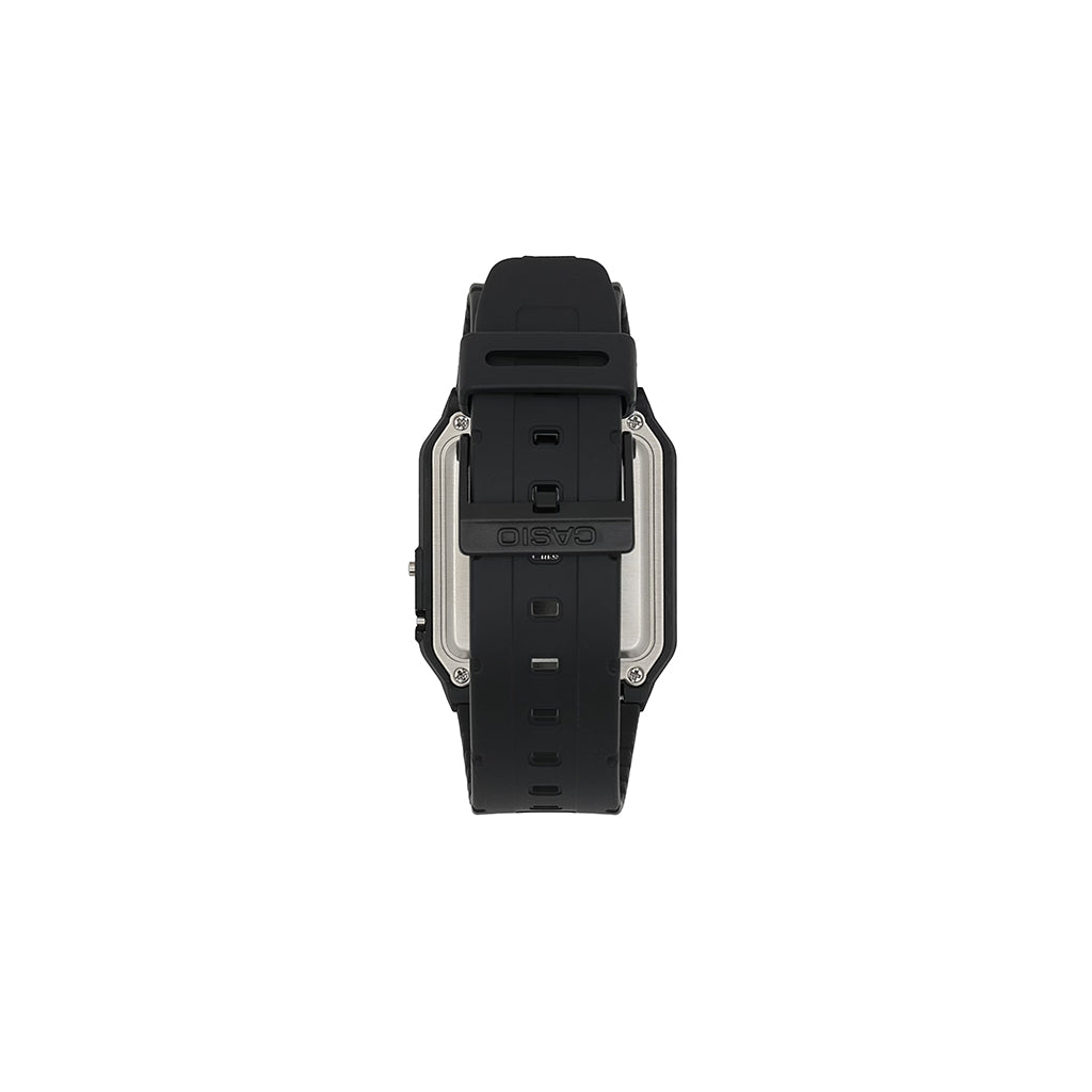 Black digital watch with silver accents on a white background