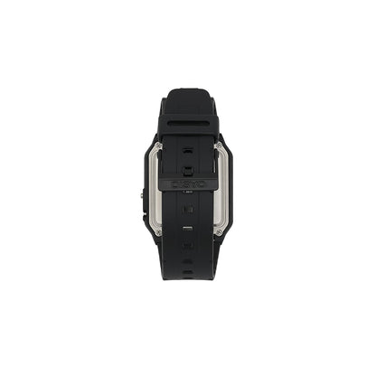Black digital watch with silver accents on a white background