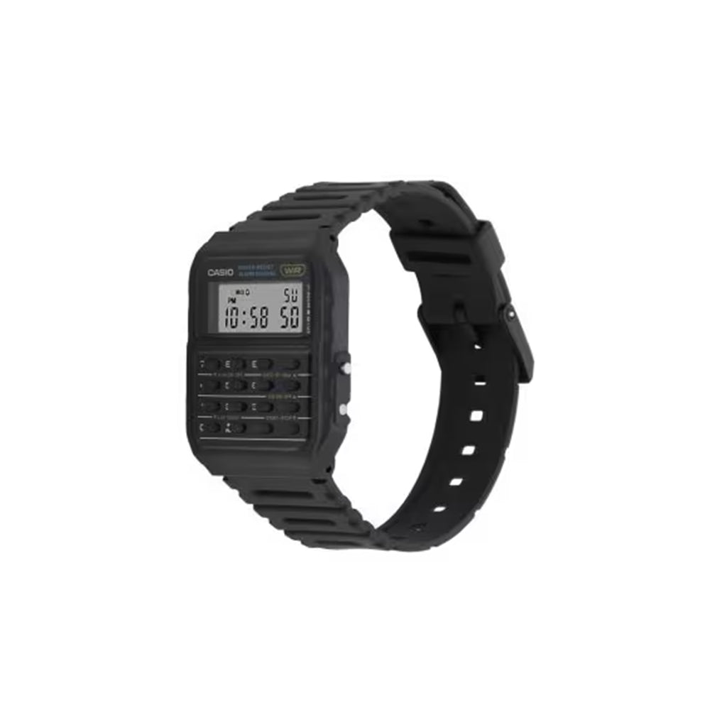 Black Casio digital watch on a white background
