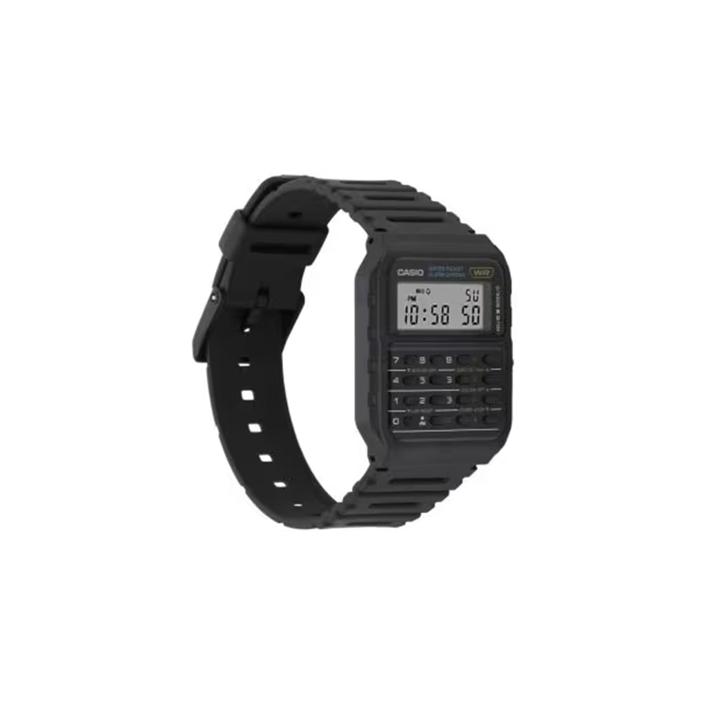 Black Casio digital watch on a white background