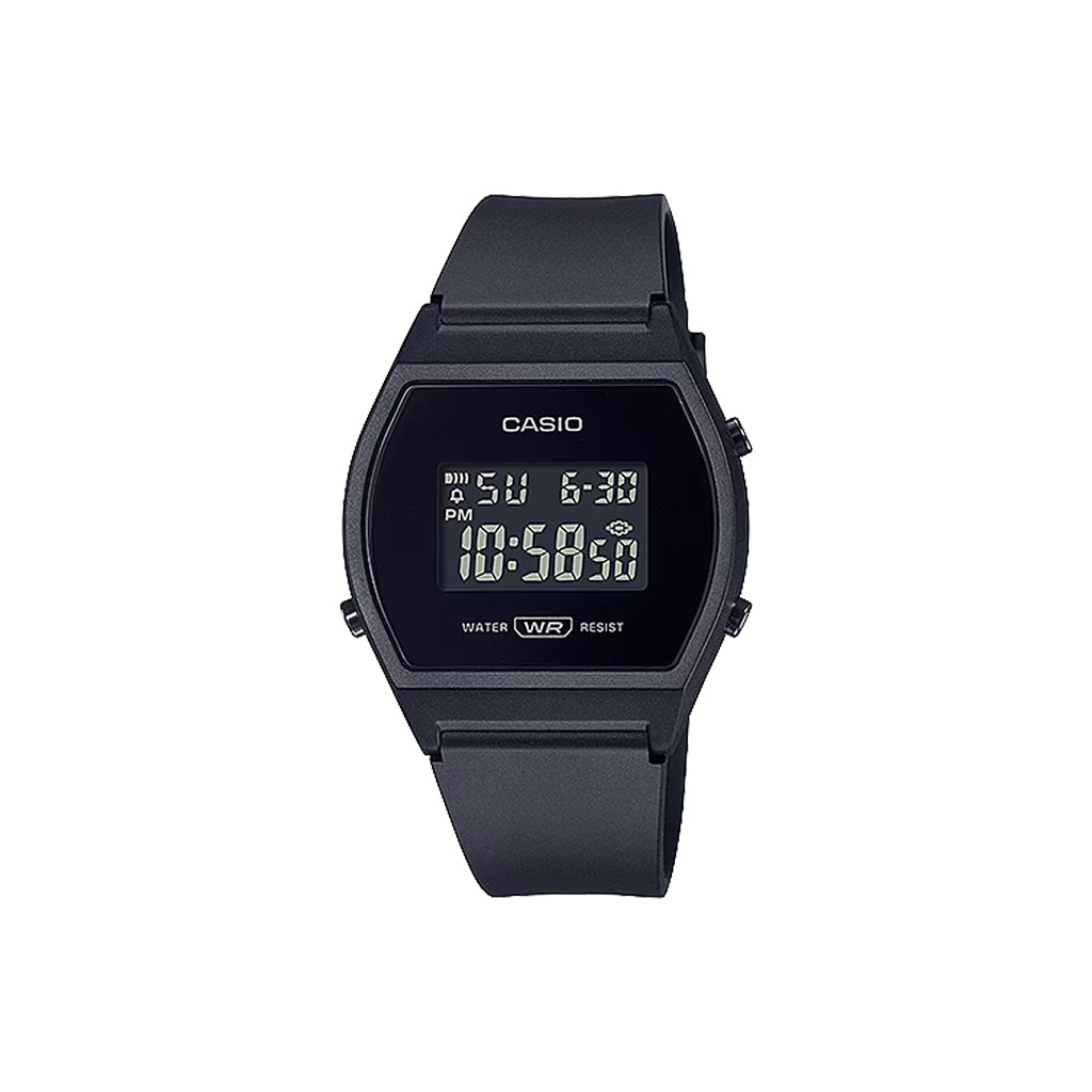 Black Casio digital watch on a white background