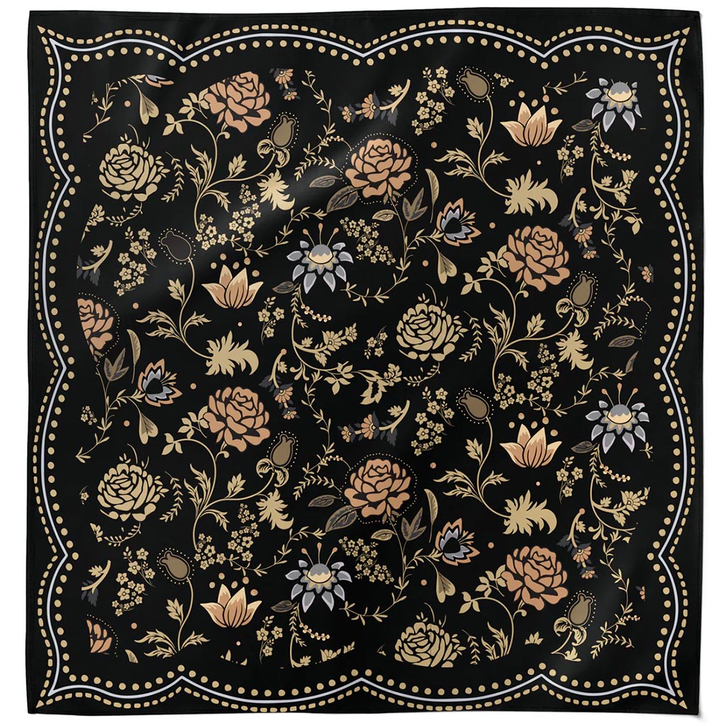 Floral patterned bandana with gold and beige flowers on a black background