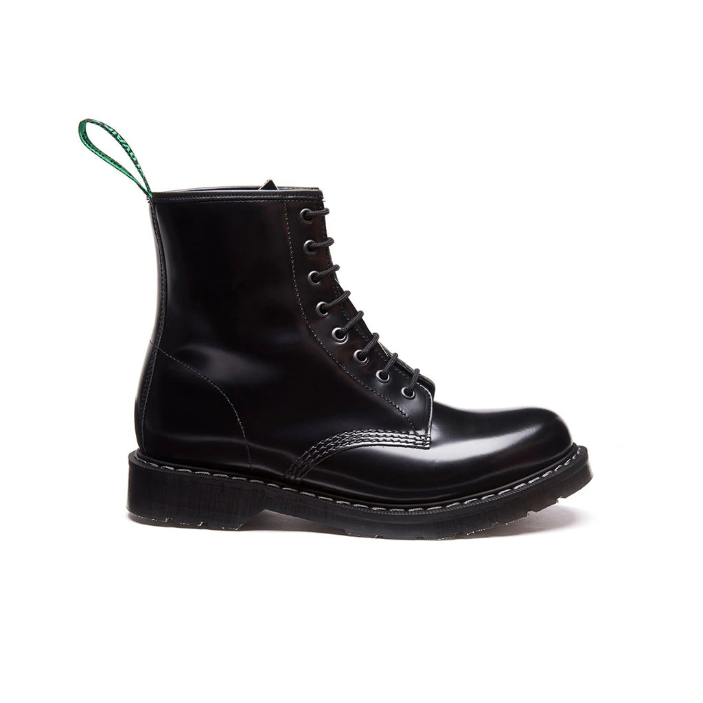 Side of Black Hi-Shine 8 Eye Derby Boot on a white background