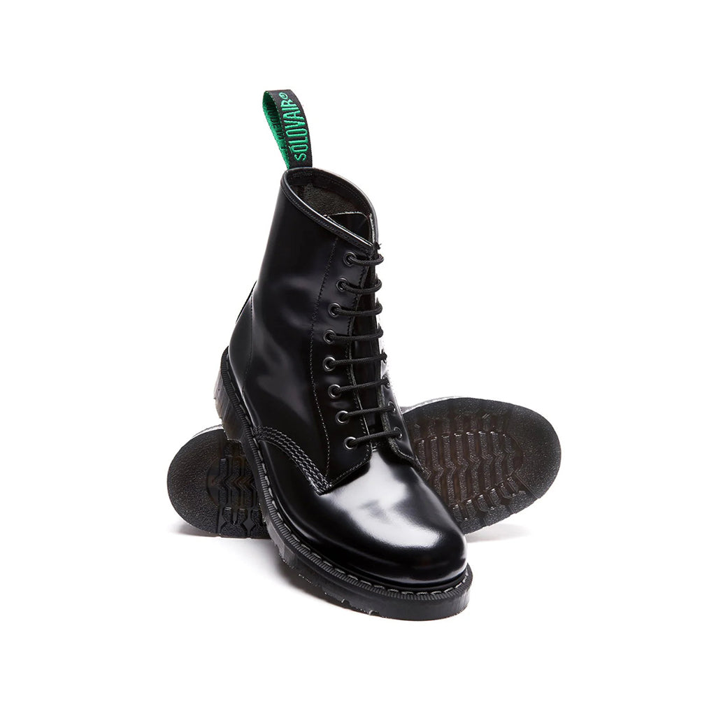 Pair of Black Hi-Shine 8 Eye Derby Boot showing top and bottom on a white background