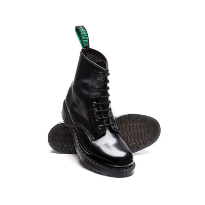 Pair of Black Hi-Shine 8 Eye Derby Boot showing top and bottom on a white background