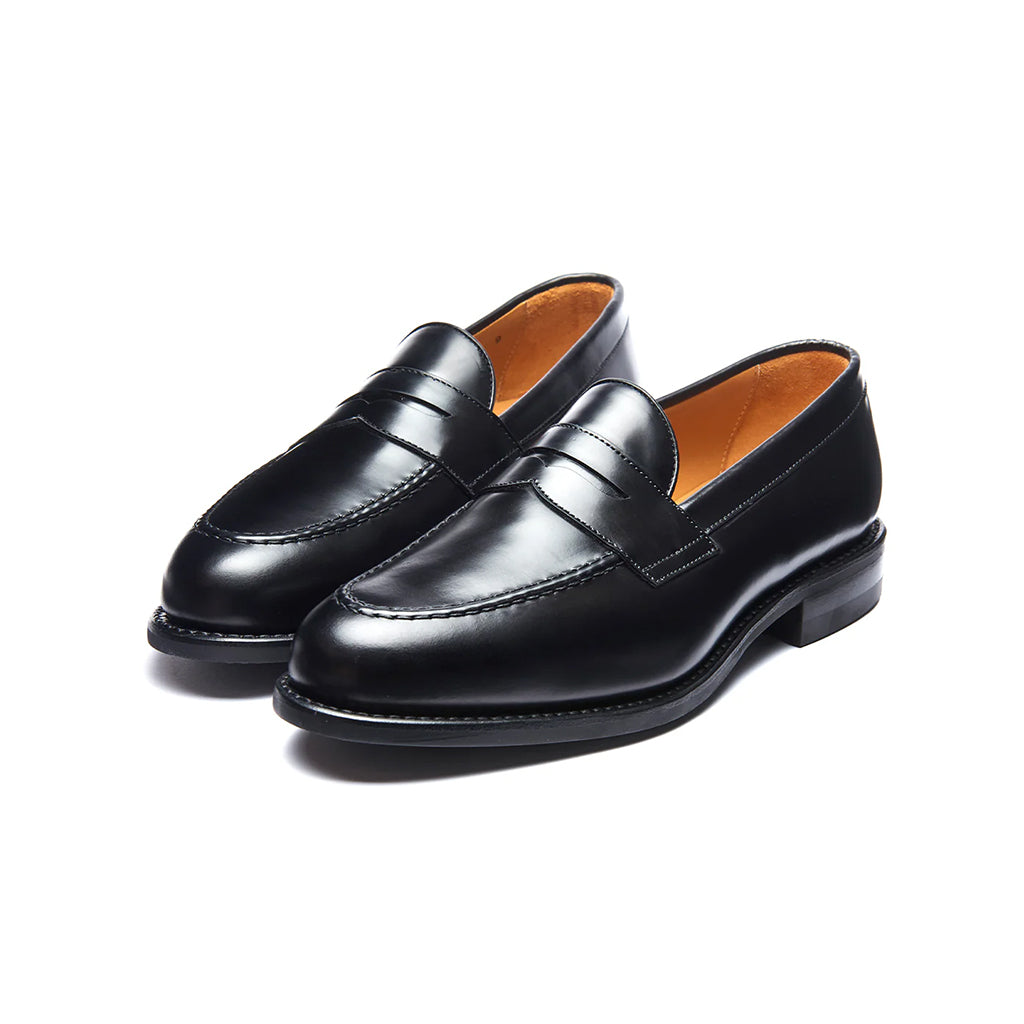 Pair of black leather loafers on a white background