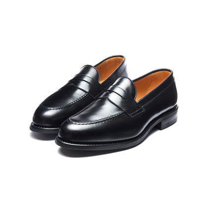 Pair of black leather loafers on a white background