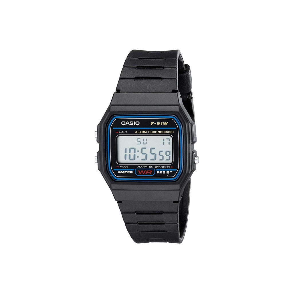 Black Casio digital watch on a white background