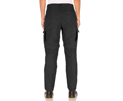 Black cargo pants worn by a person on a white background