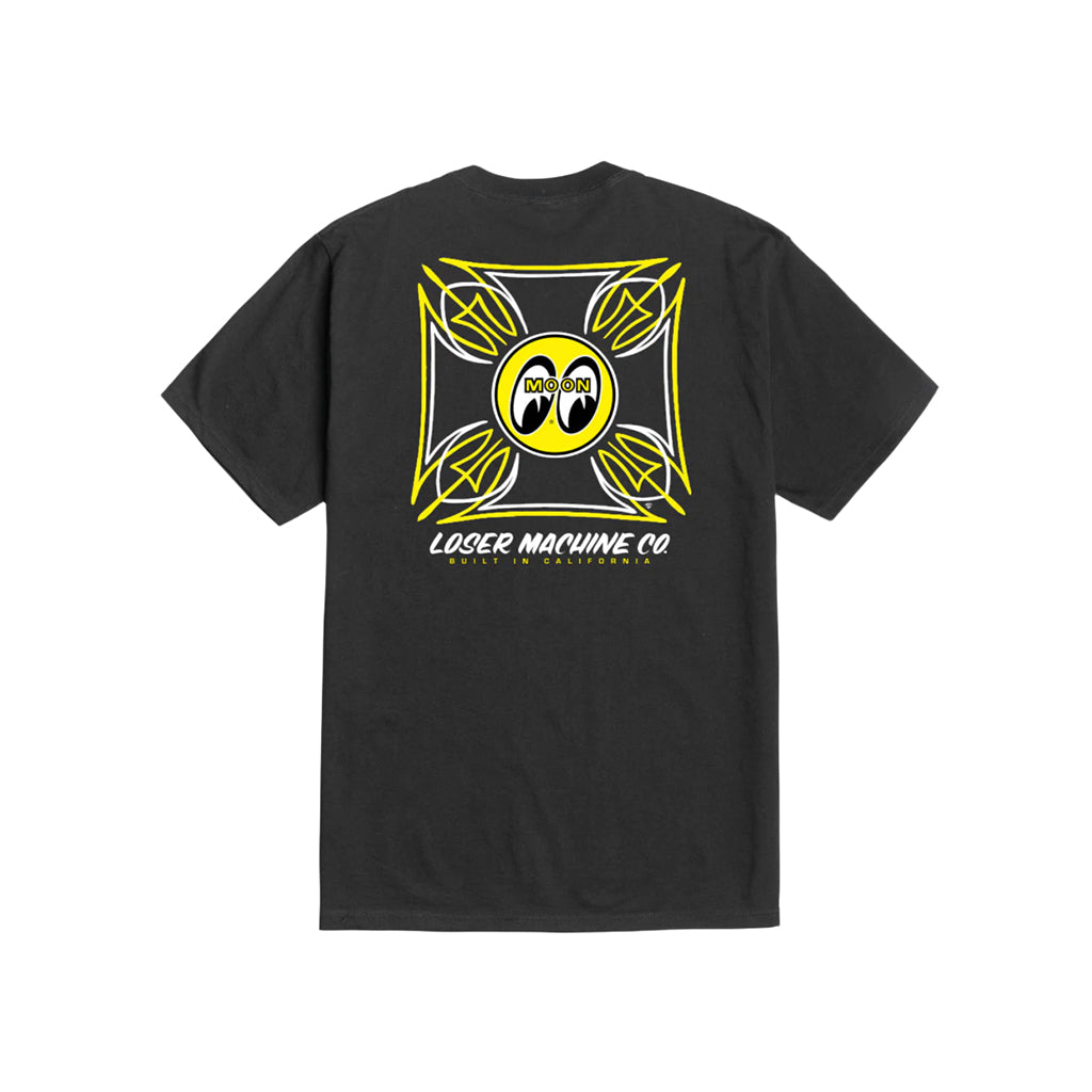 Black t-shirt with yellow and white mooneyes graphic design on a white background