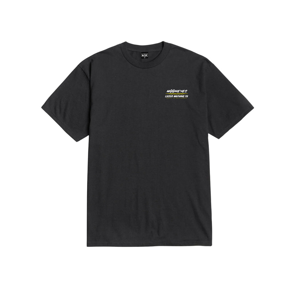 Black t-shirt with a small white logo on a white background