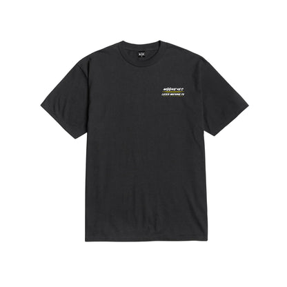 Black t-shirt with a small white logo on a white background