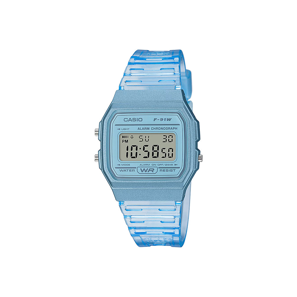 Blue Casio digital watch with a patterned strap on a white background