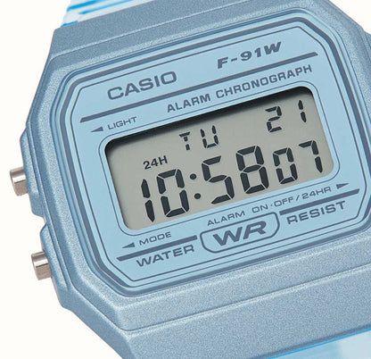 Casio digital watch with blue casing on a white background