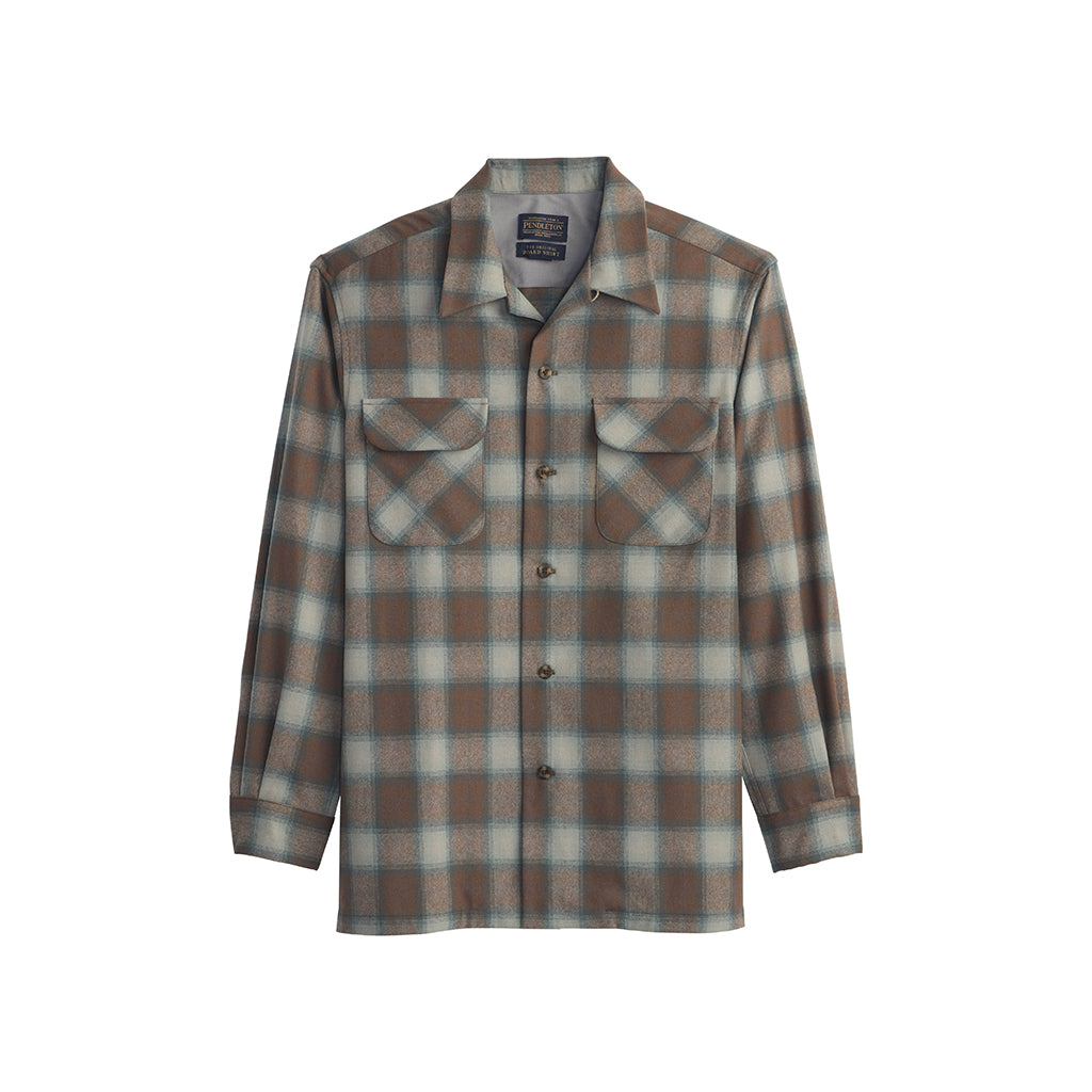 Plaid shirt with a visible brand label on a white background