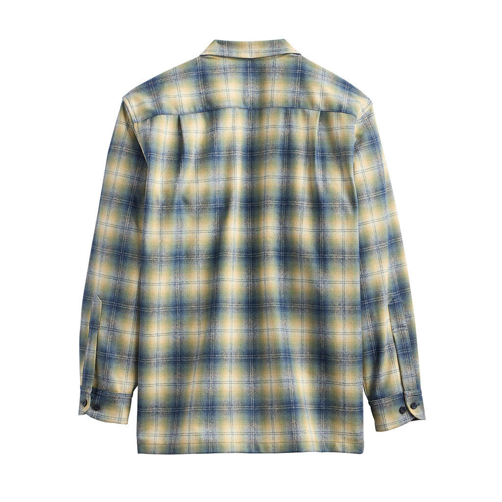 Plaid shirt with blue and yellow pattern on a white background