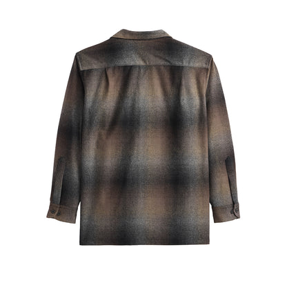 Back view of a plaid shirt on a white background