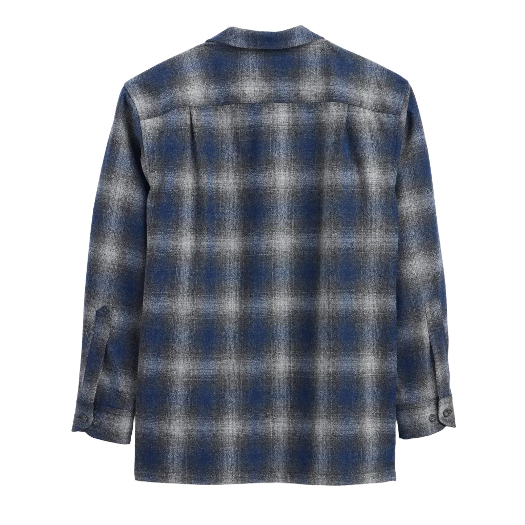 A long-sleeve plaid button-up shirt shown from the back, featuring a blue, gray, and white checkered pattern on a solid white background.