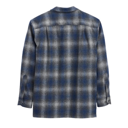 A long-sleeve plaid button-up shirt shown from the back, featuring a blue, gray, and white checkered pattern on a solid white background.