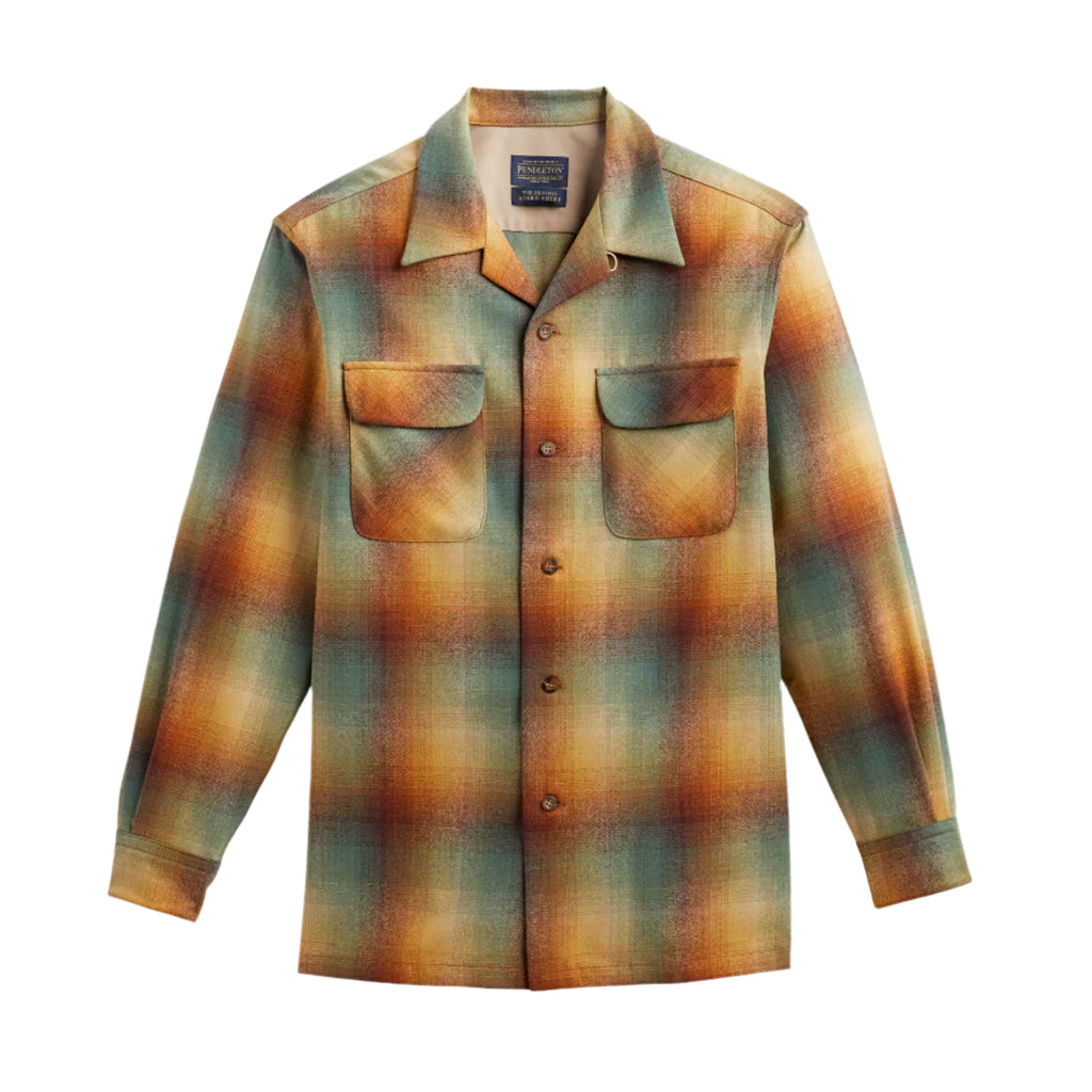 Plaid shirt with a pattern of brown, green, and beige on a white background