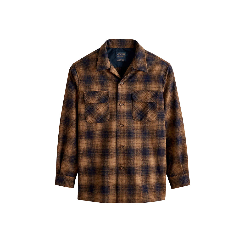 Plaid shirt with brown and blue pattern on a white background