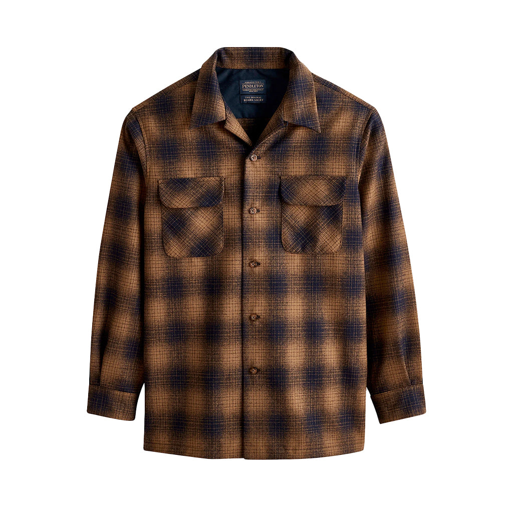 Plaid shirt with brown and blue pattern on a white background