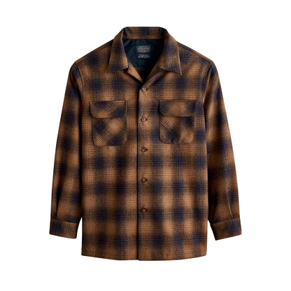 Plaid shirt with brown and blue pattern on a white background
