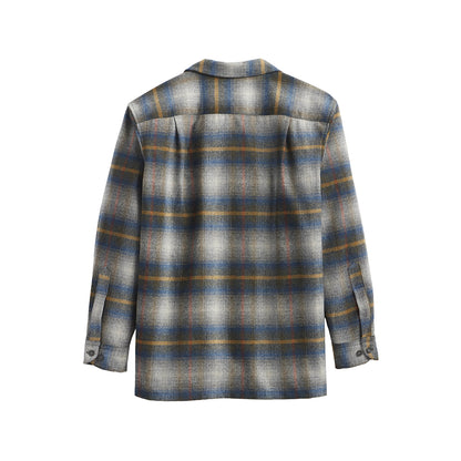 Plaid shirt with blue, gray, and brown pattern on a white background