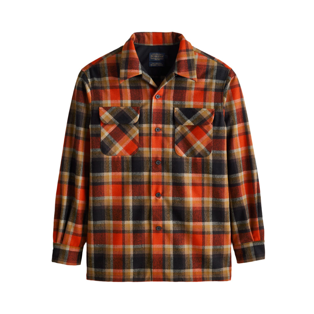 Plaid shirt with orange, red, and black pattern on a white background