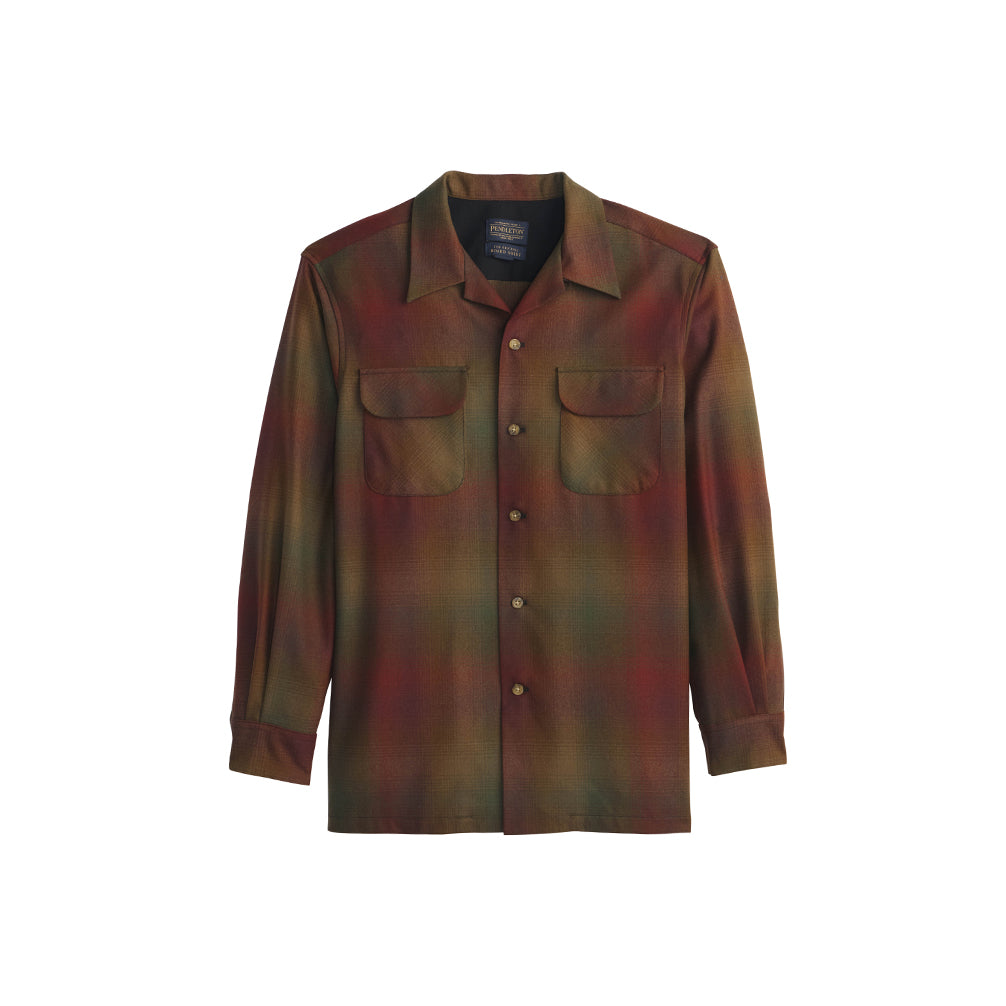 Plaid shirt with a pattern of brown, green, and red on a white background