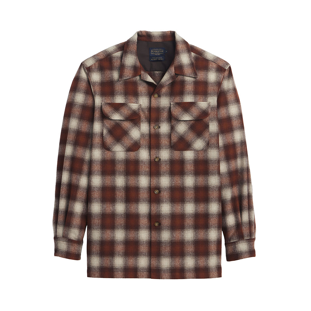 Plaid shirt with brown and beige pattern on a white background