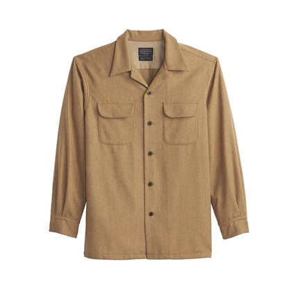 Brown shirt with button details on a white background