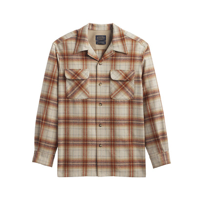 Plaid shirt with brown and beige pattern on a white background
