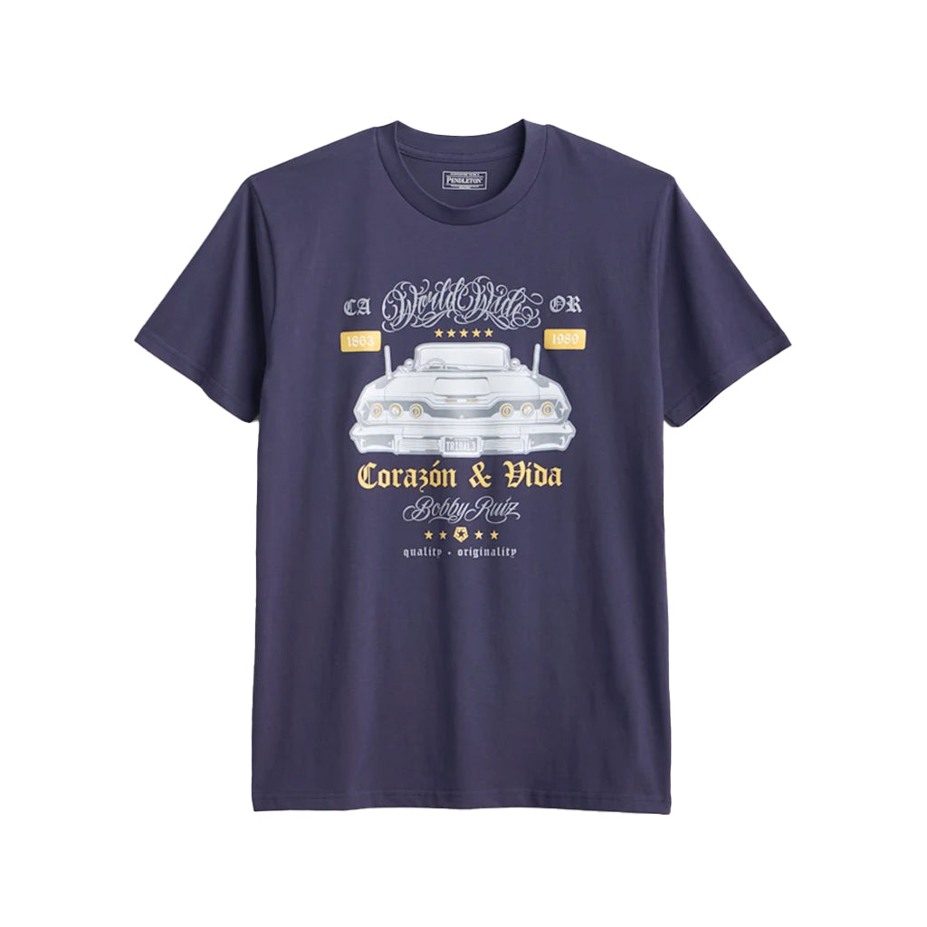 Navy blue t-shirt with a graphic of a car and text on a white background