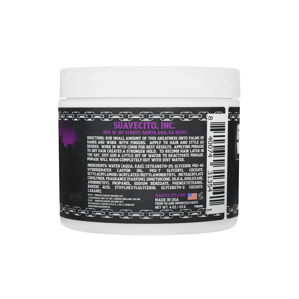 Back label of a Suavecito product container on a white background