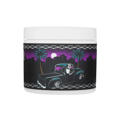 Jar with a graphic design of a truck and palm trees on a black band with purple gradient