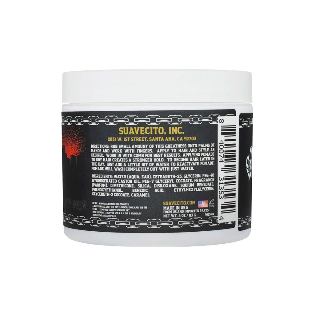 Back label of a Suavecito product container on a white background