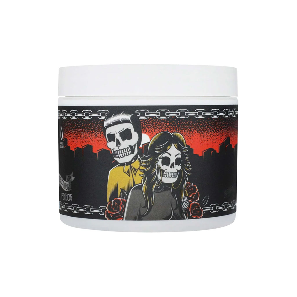Container with a black label featuring skeleton designs on a white background