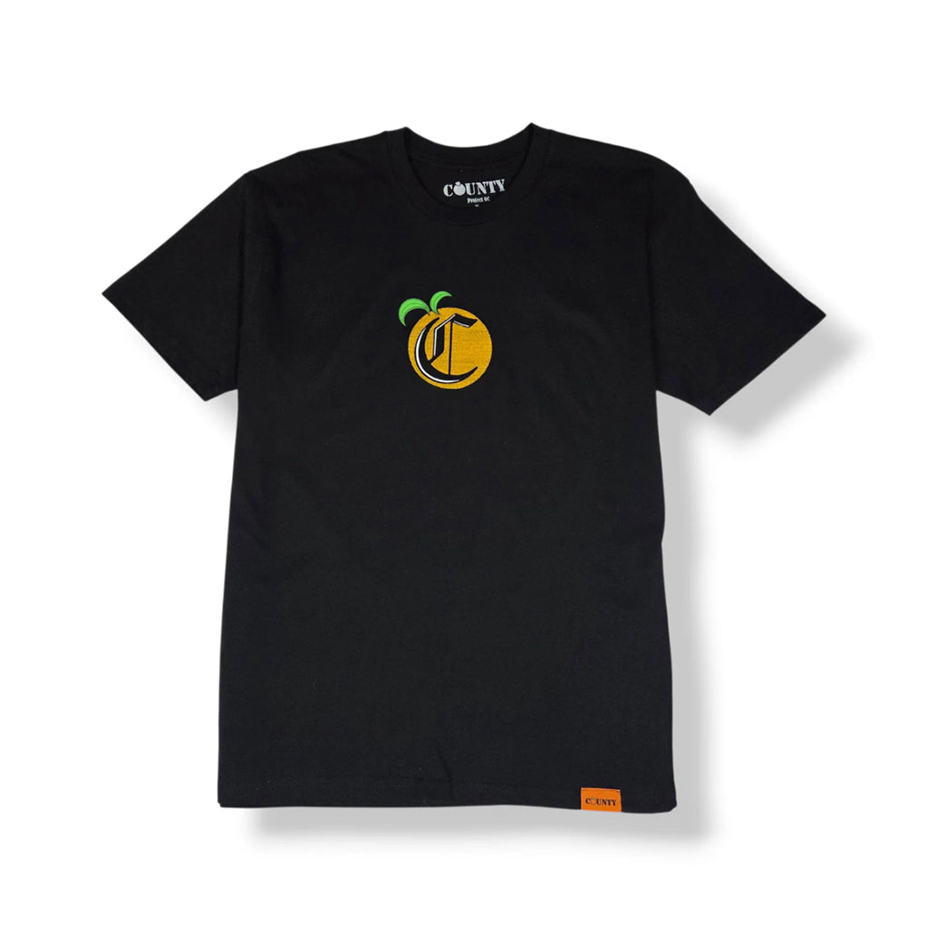 Black t-shirt with a logo on a white background