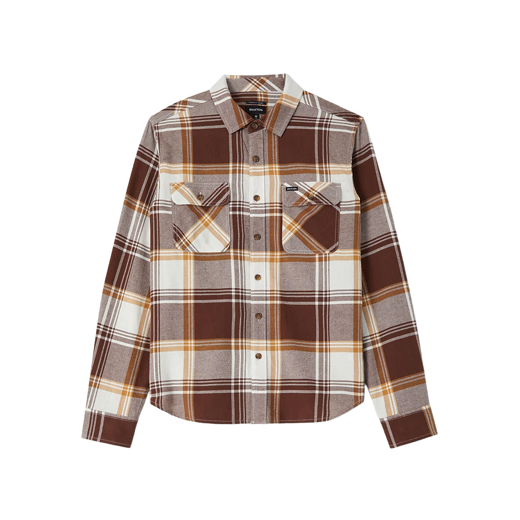 Plaid shirt with brown, beige, and white pattern on a white background