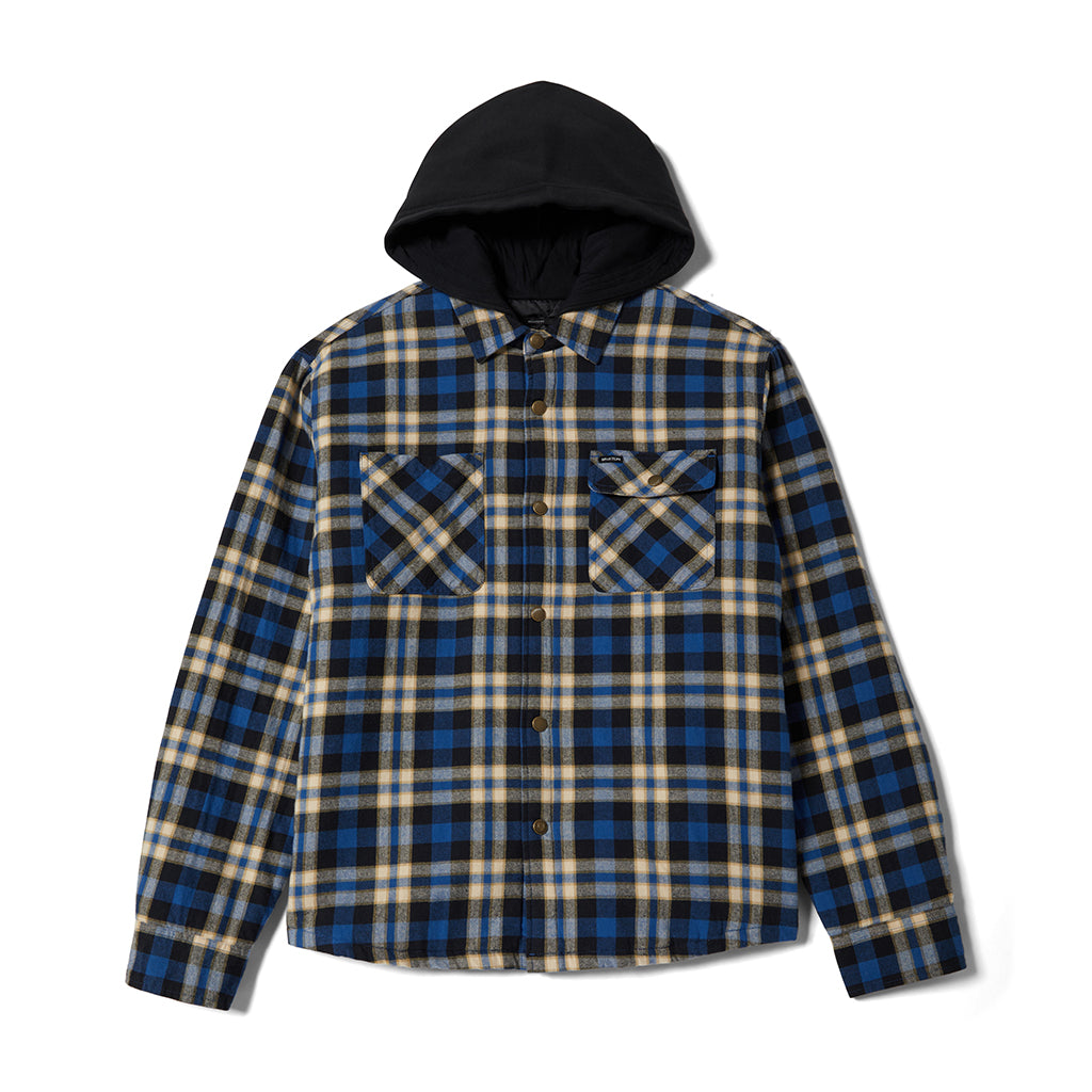 Blue, cream, and black flannel with a hood on a white background