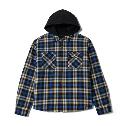 Blue, cream, and black flannel with a hood on a white background