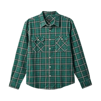 A green long-sleeve plaid button-up shirt with two chest pockets, displayed flat against a white background.