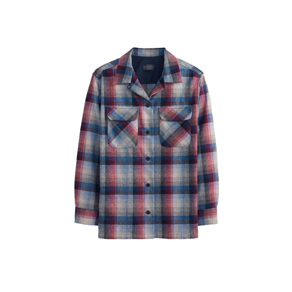 Plaid shirt with red, blue, and white pattern on a white background