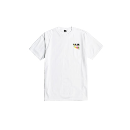 White t-shirt with a colorful logo on the chest against a white background