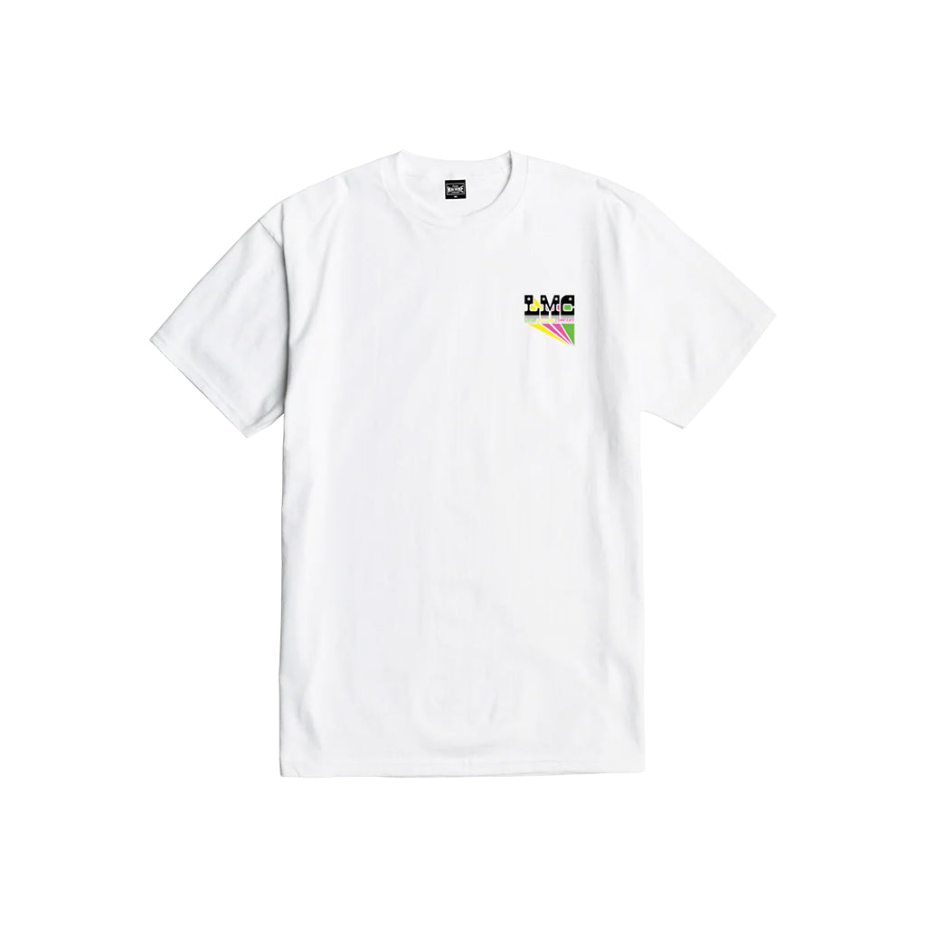 White t-shirt with a colorful logo on a white background