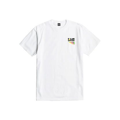 White t-shirt with a colorful logo on a white background