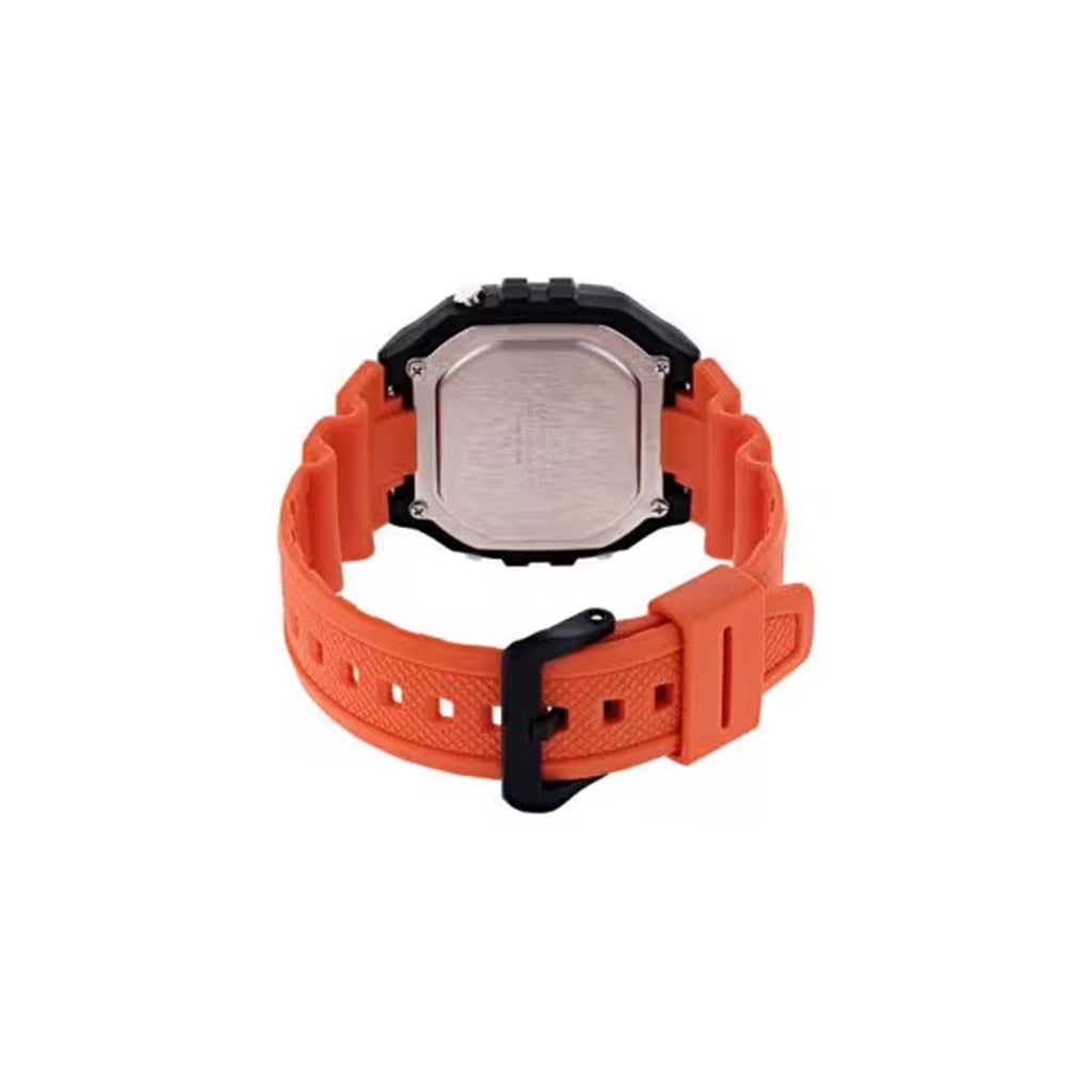 Orange watch with a black case on a white background